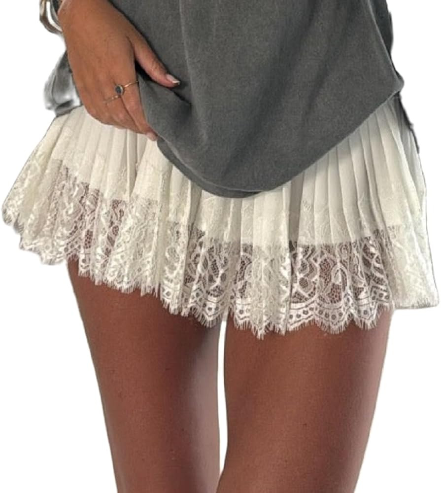 Women Y2K Black White Lace Mini Skirt Low Rise Half Slip Underskirt Ruffle Pleated Layered Flowy ... | Amazon (US)