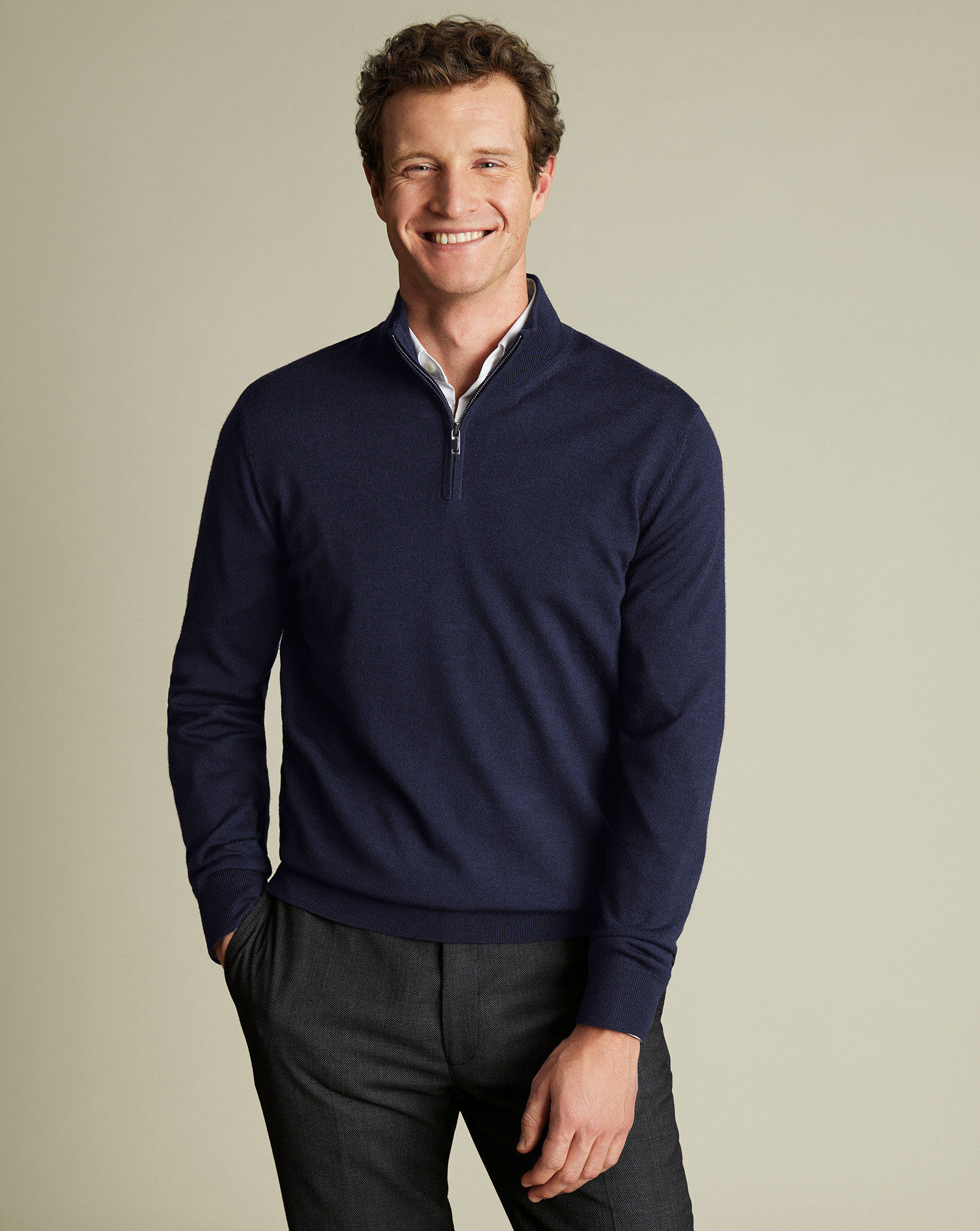 Pure Merino Quarter Zip Sweater - Navy | Charles Tyrwhitt