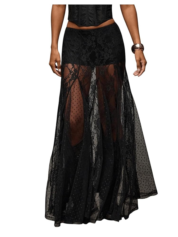WDIRARA Women's Sexy See Through Sheer Lace Maxi Skirt Low Waist Ruffle Hem A Line Flowy Skirt | Amazon (US)