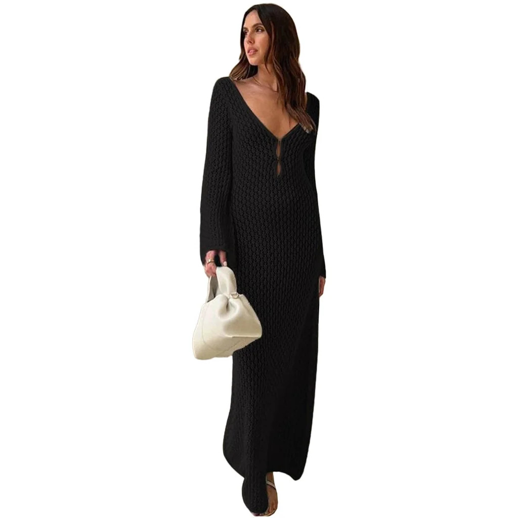 Long Sleeve Knitted Cover Up Dress Long Beach Dress Crochet Swim Coverup - Walmart.com | Walmart (US)