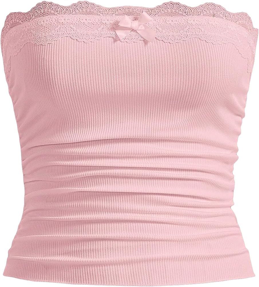 SOLY HUX Women's Lace Trim Ruched Bandeau Crop Tube Tops Bowknot Front Strapless Summer Tops | Amazon (US)