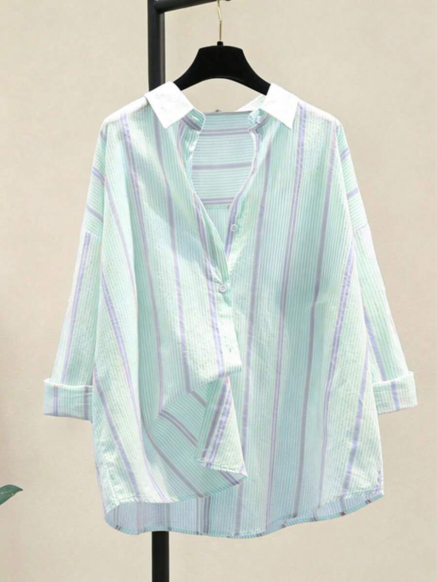 Women's Striped Casual & Office Elegant Striped Button-Up Shirt, Long Sleeve, Spring/Summer | SHEIN