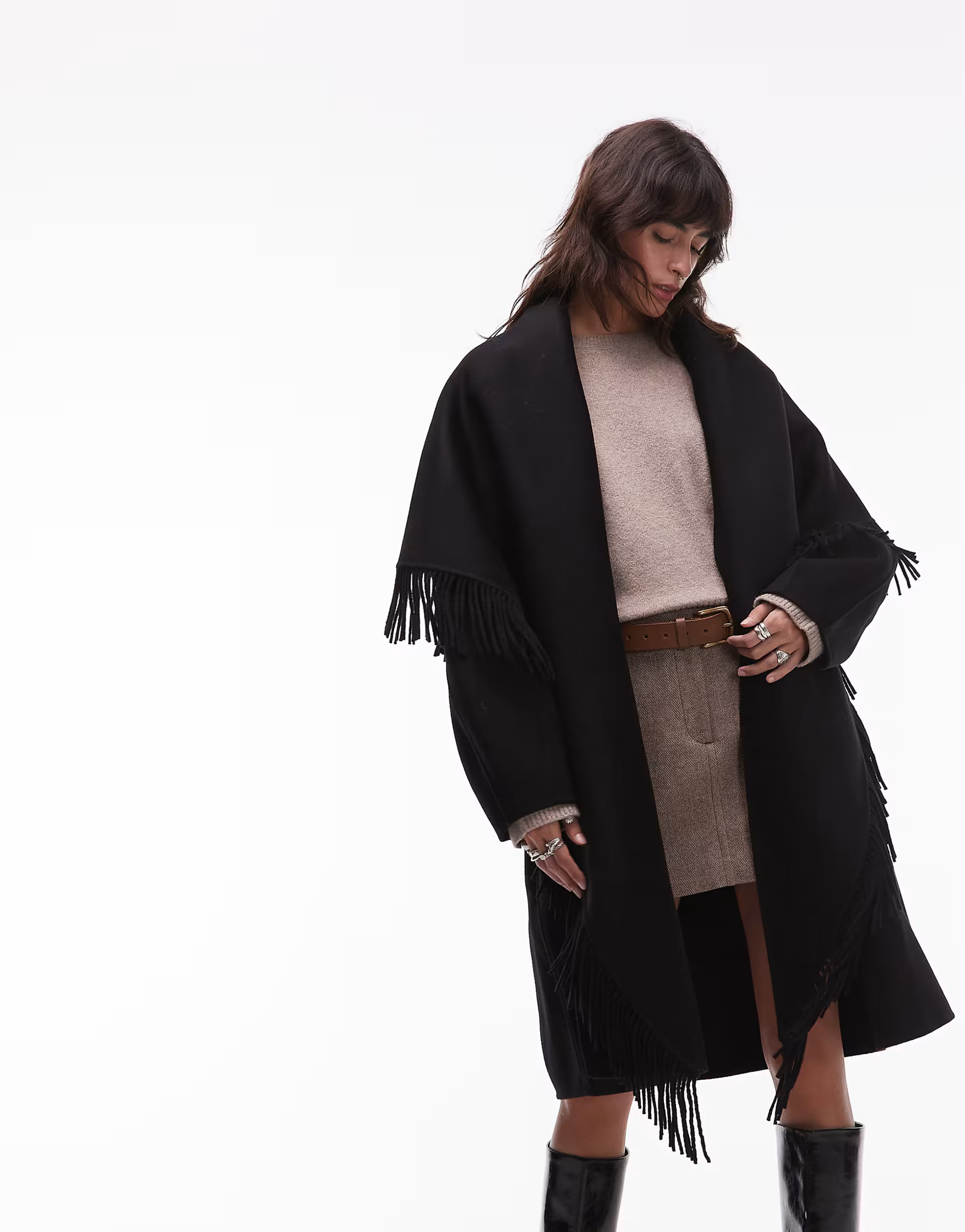 & Other Stories rich wool fringing tassel midi cape coat in black | ASOS (Global)