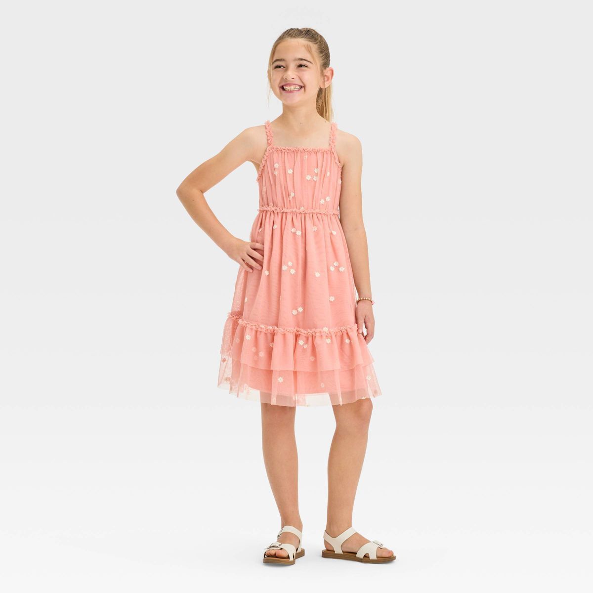 Girls' Sleeveless Embroidered Tulle Dress - Cat & Jack™ Dusty Pink XS | Target
