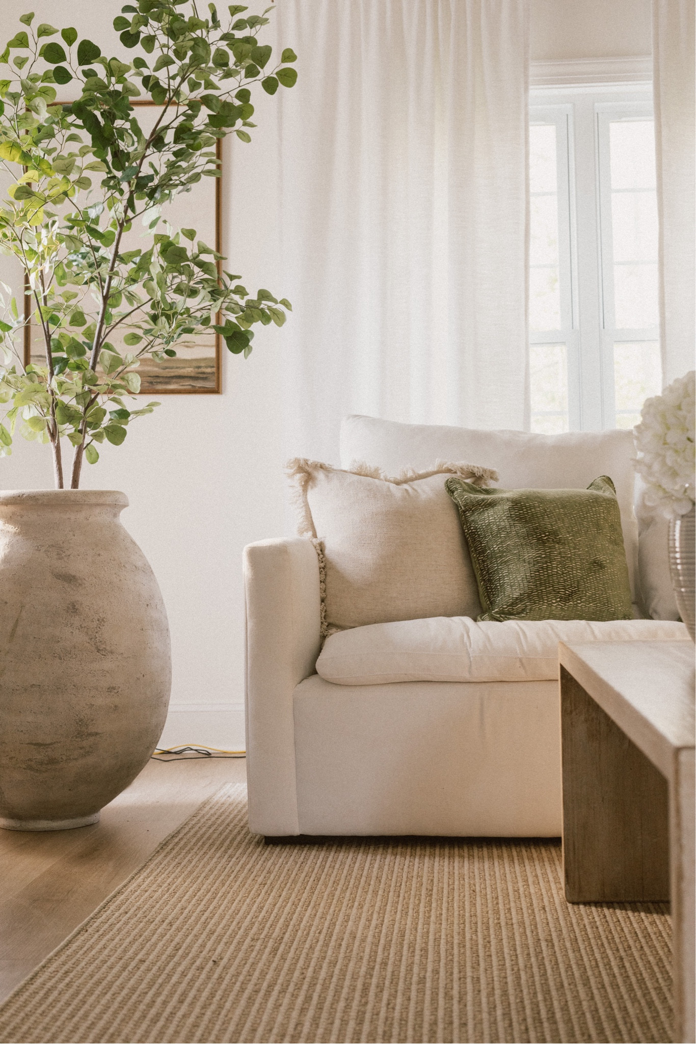 Transitional living room. Living room design. Living room decor. Living room inspiration. Living room inspo. White couch. Ballard design pot. Olive tree  

#LTKhome