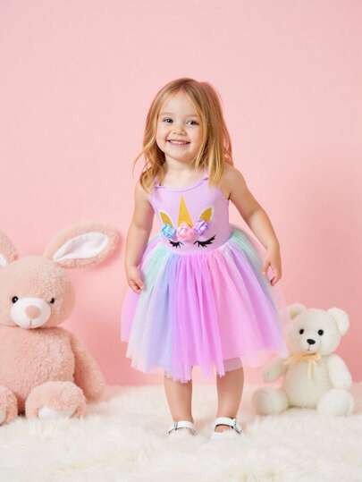 SHEIN Playful Pals Baby Girl 0-3 Years Whimsical Cute Multicolor Dopamine Rainbow Tulle Dress | SHEIN