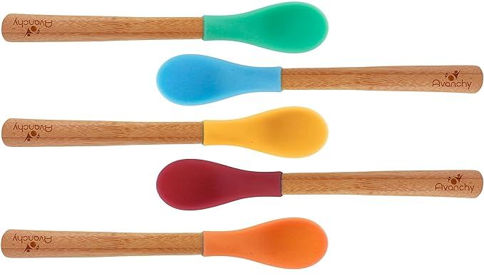 Avanchy First Stage Infant Feeding Spoons Natural Bamboo Soft Silicone Tip Baby Spoon | Curved Tr... | Amazon (US)
