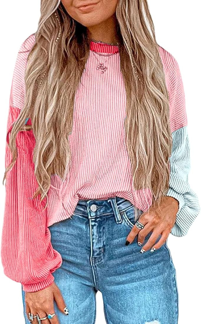 SELINK Women's Casual Pullover Tops Corded Colorblock Long Sleeve Crop Fall Knit Blouse | Amazon (US)