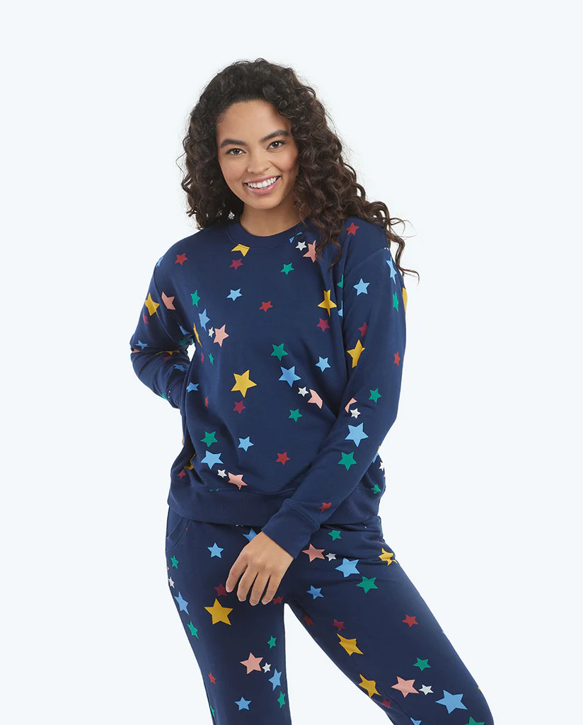 The Softest French Terry Relaxed Crew - Scatter Stars in Deep Sea | SummerSalt