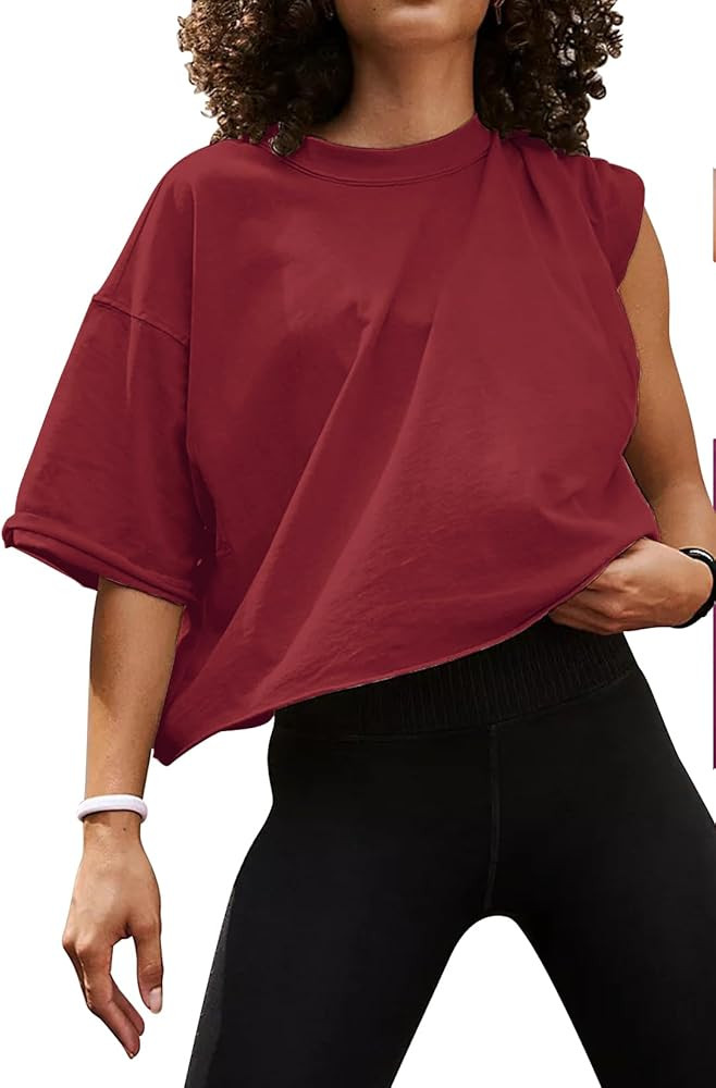Women's Oversize Workout Crop Tops Casual Short Sleeve Drop Shoulder Boxy T-Shirts Roll Hem Basic... | Amazon (US)