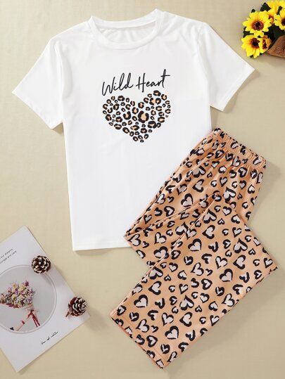 Leopard And Heart Print Pajama Set | SHEIN