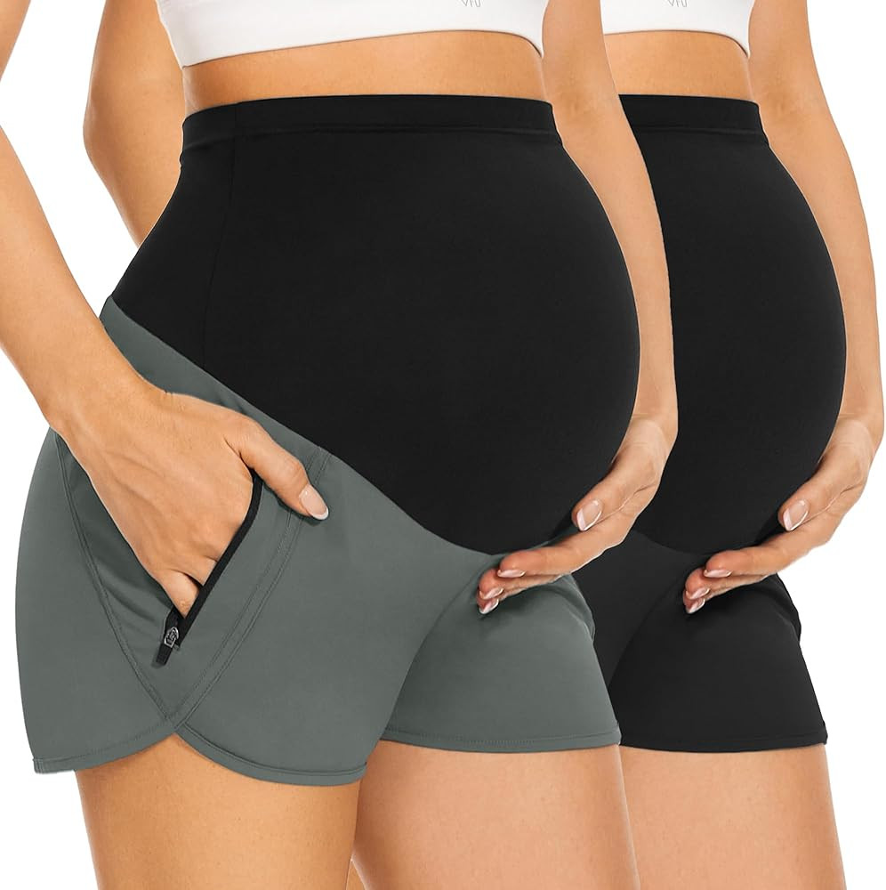 PACBREEZE Women's Maternity Shorts Over Belly Quick Dry Workout Athletic Running Shorts with Zipp... | Amazon (US)