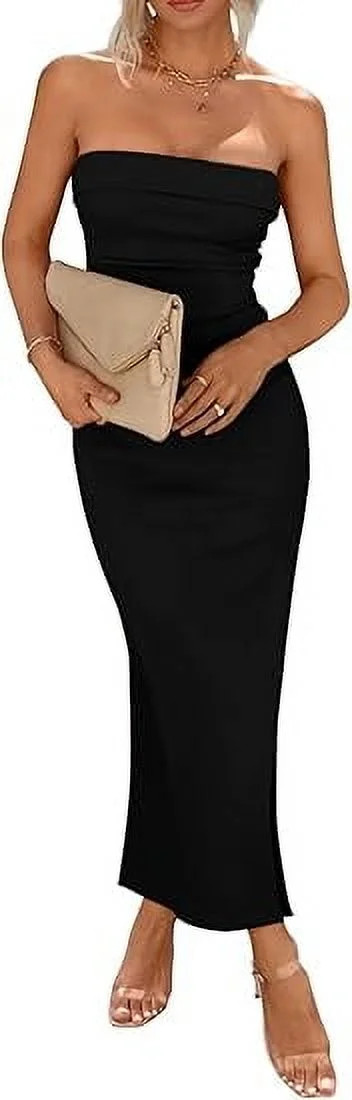 PRETTYGARDEN Women's Summer Bodycon Maxi Tube Dress Ribbed Strapless Side Slit Long Going Out Cas... | Walmart (US)