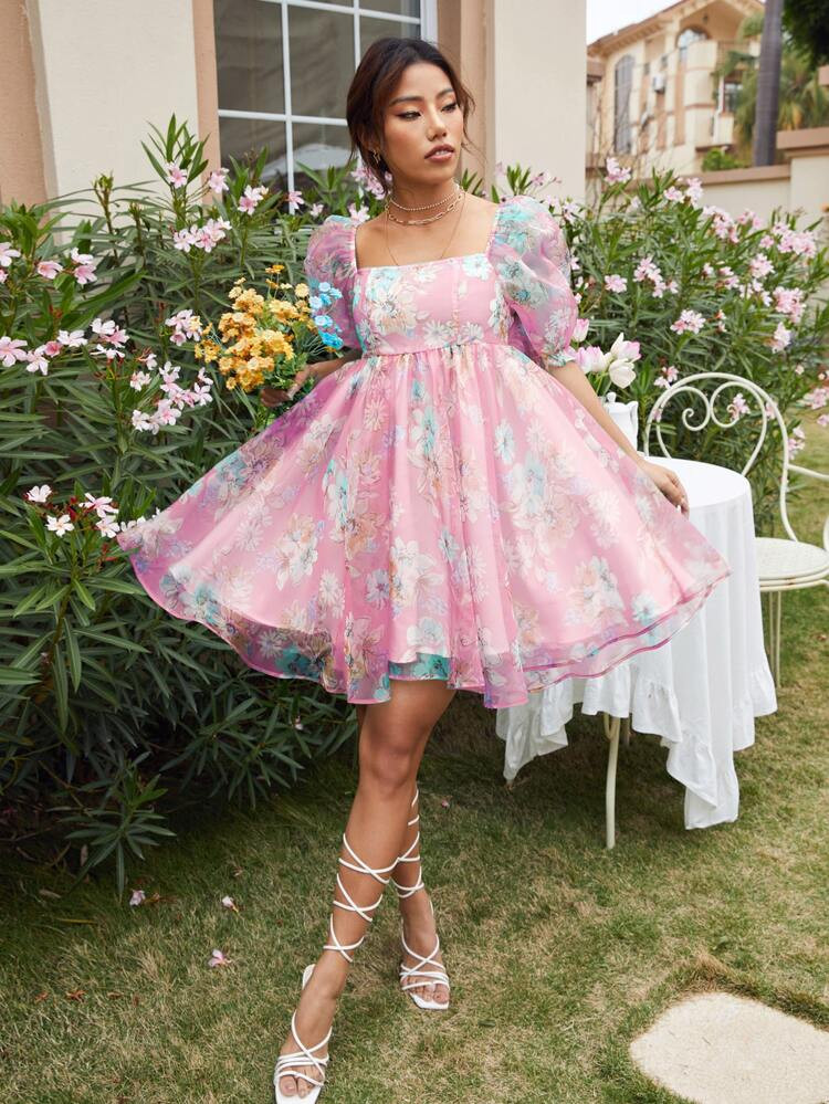 SHEIN Floral Square Neck Puff Sleeve Organza Dress | SHEIN
