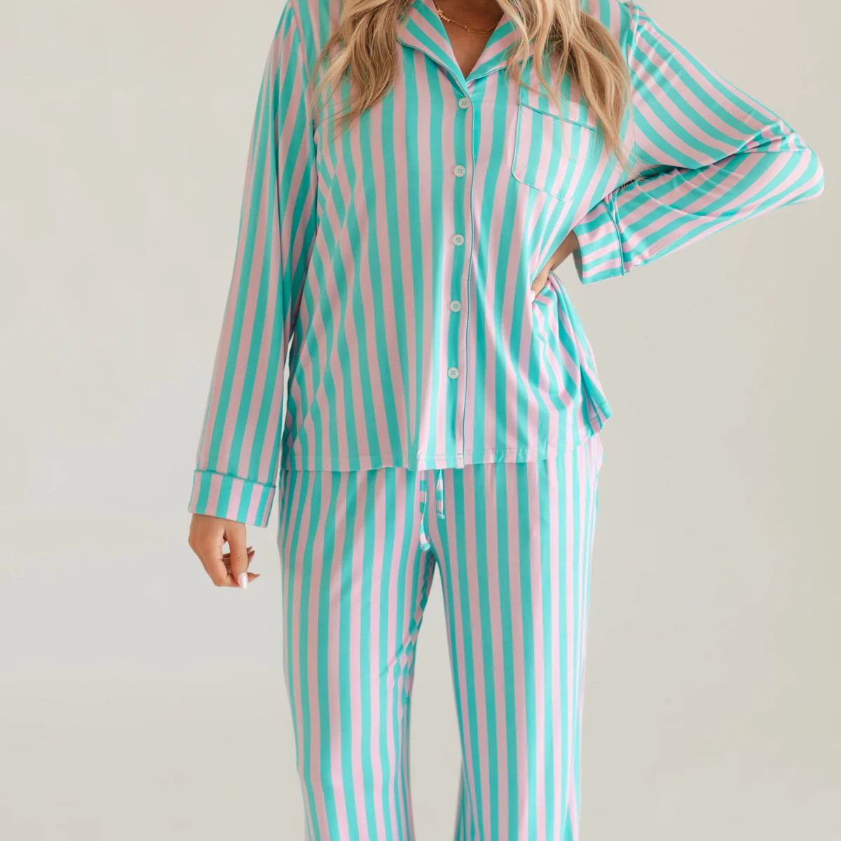 Women's Button Up Set In Cotton Candy Stripes | Silks Design