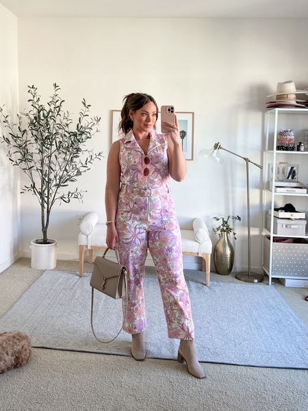 I love a good jumpsuit and this muted floral denim jumpsuit is SO GOOD! I love the fit of it, it has a belt that cinches everything in at the waist and it’s just super comfortable. The cutest spring outfit with the little boots but sneakers, heels, wedges would be cute too! Wearing a size L which I think fits pretty true to size, I think a medium would be too tight on my butt! 

#LTKmidsize #LTKSeasonal #LTKitbag