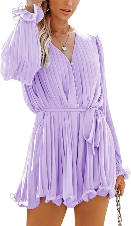 Dokotoo Womens 2022 Summer Buttons V Neck Tie Waist Flared Pleated Drape Long Sleeve Rompers Jump... | Amazon (US)