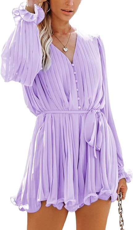 Dokotoo Womens 2022 Summer Buttons V Neck Tie Waist Flared Pleated Drape Long Sleeve Rompers Jump... | Amazon (US)