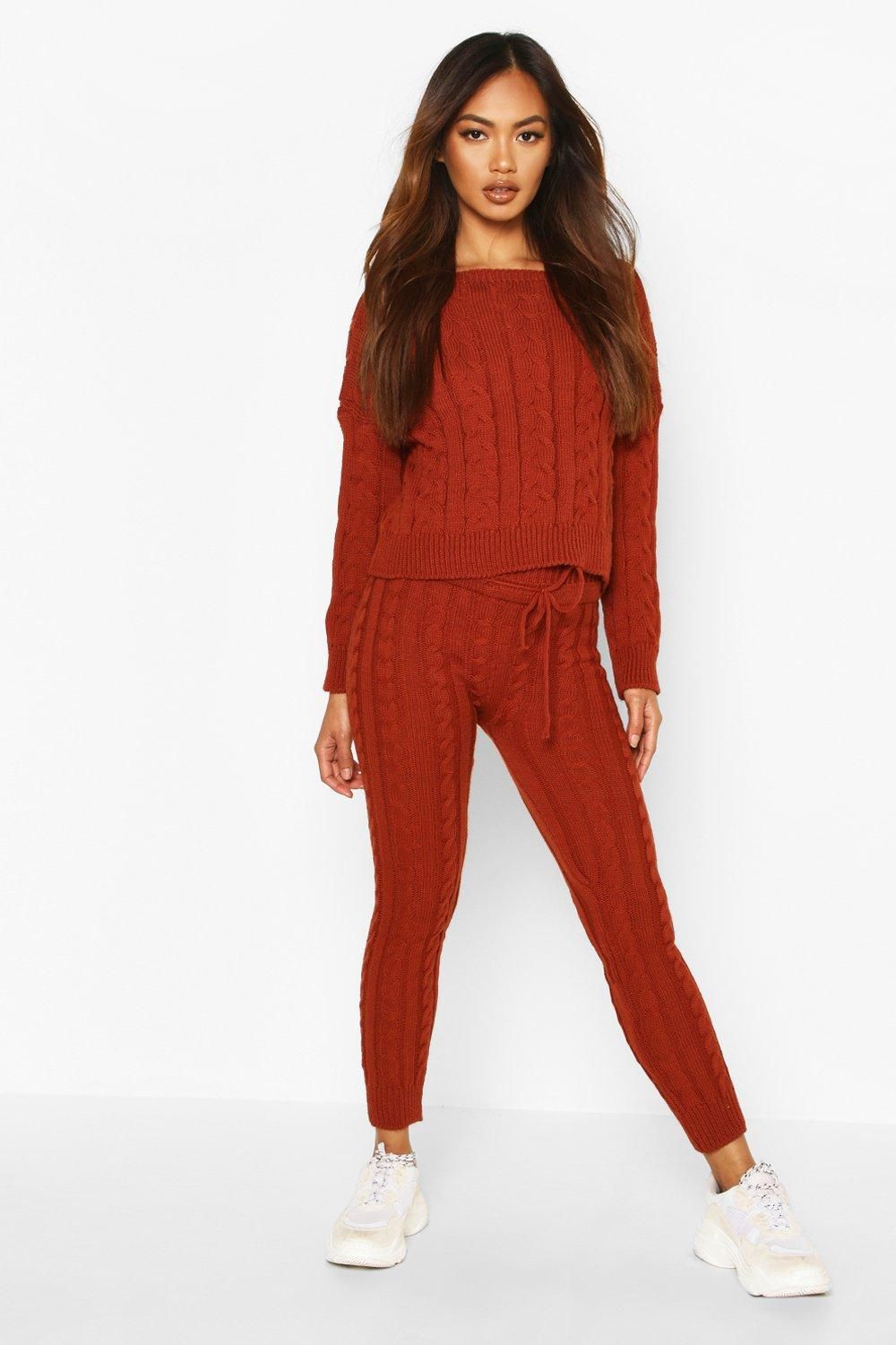 Womens Cable Knit Crew Neck Lounge Set - Orange - S/M | Boohoo.com (US & CA)