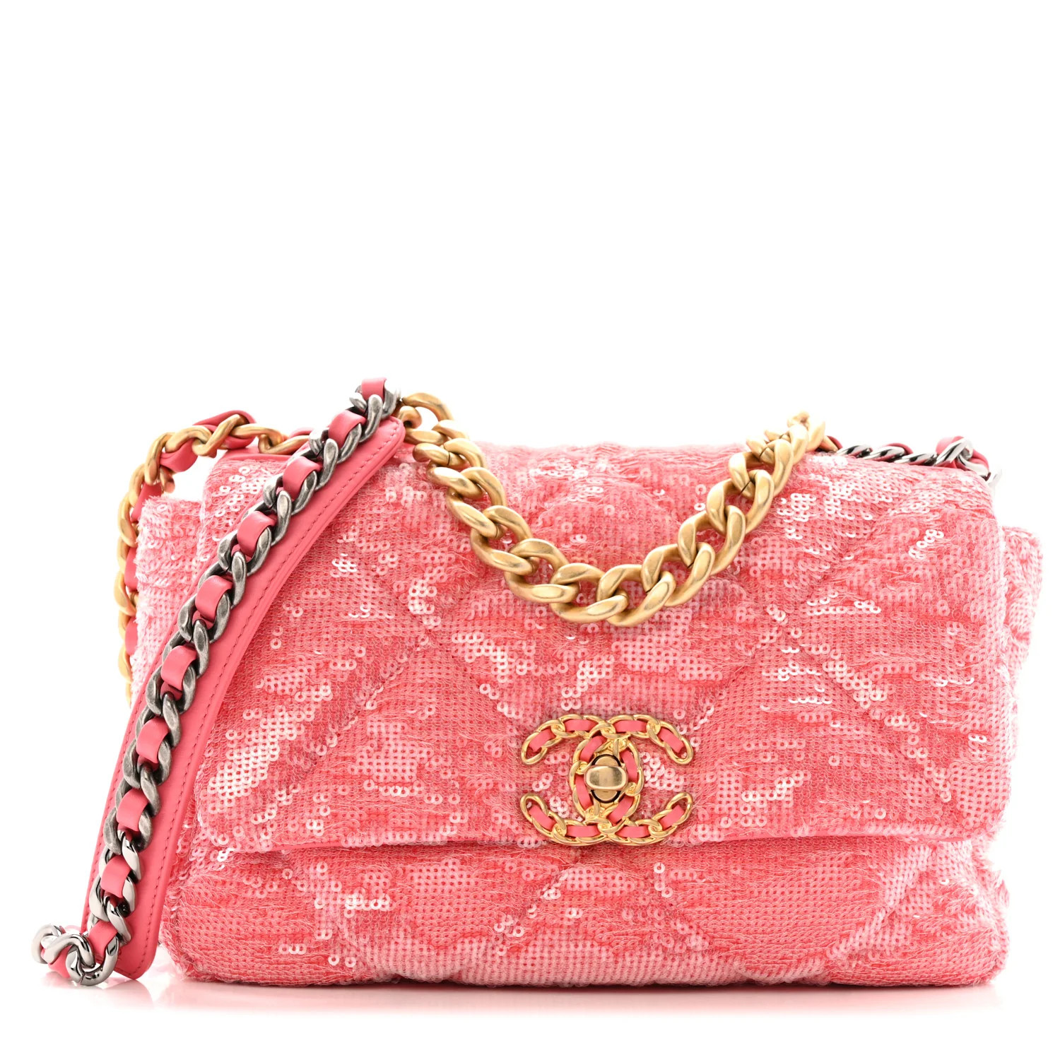 Sequin Quilted Medium Chanel 19 Flap Coral | FASHIONPHILE (US)