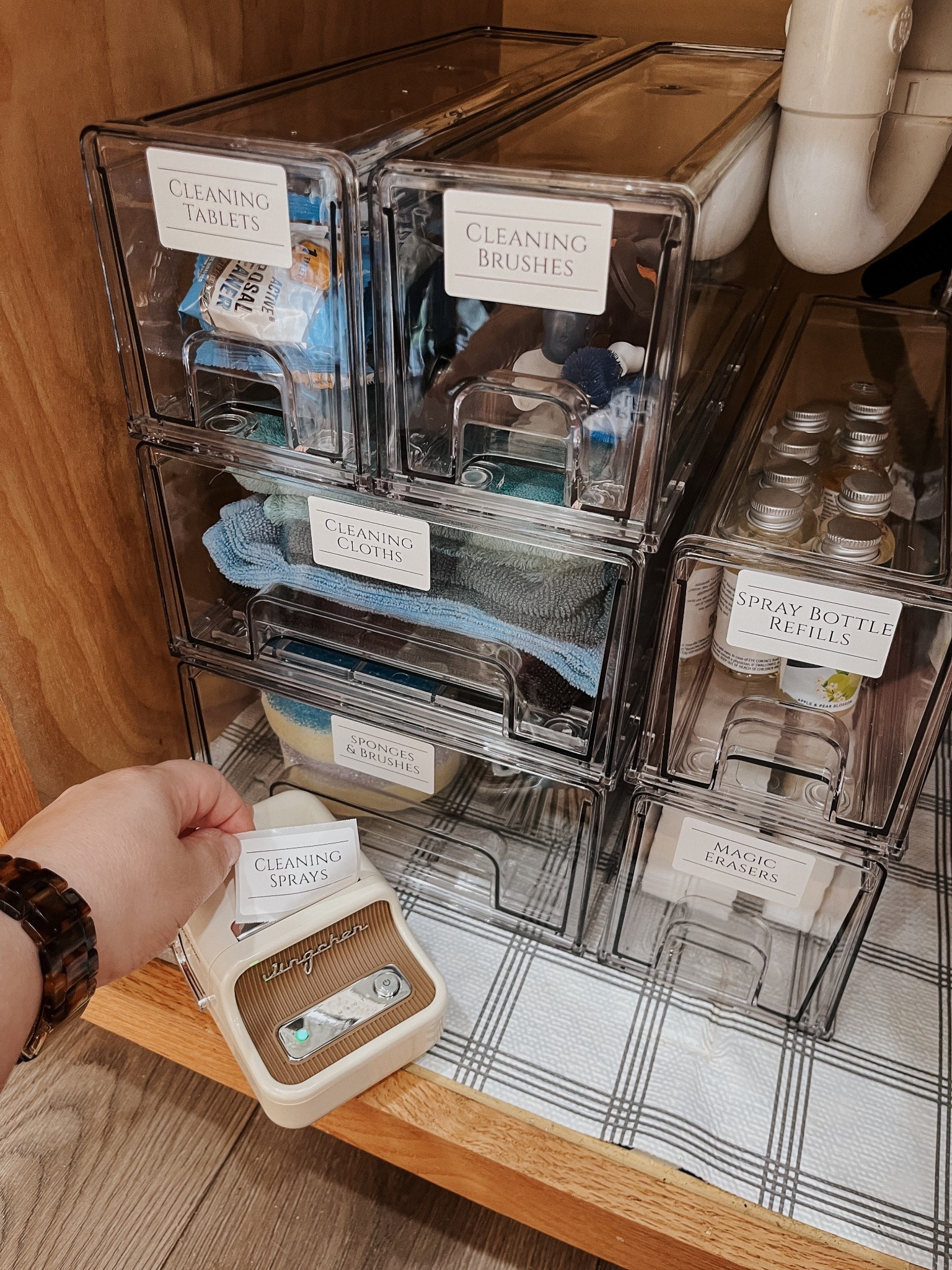Organizing under the kitchen sink with my new label maker. Loving these clear drawers - perfect for stacking to organize under a sink. Great kitchen sink or bathroom sink organizer  

#LTKHome #LTKFindsUnder50 #LTKSaleAlert