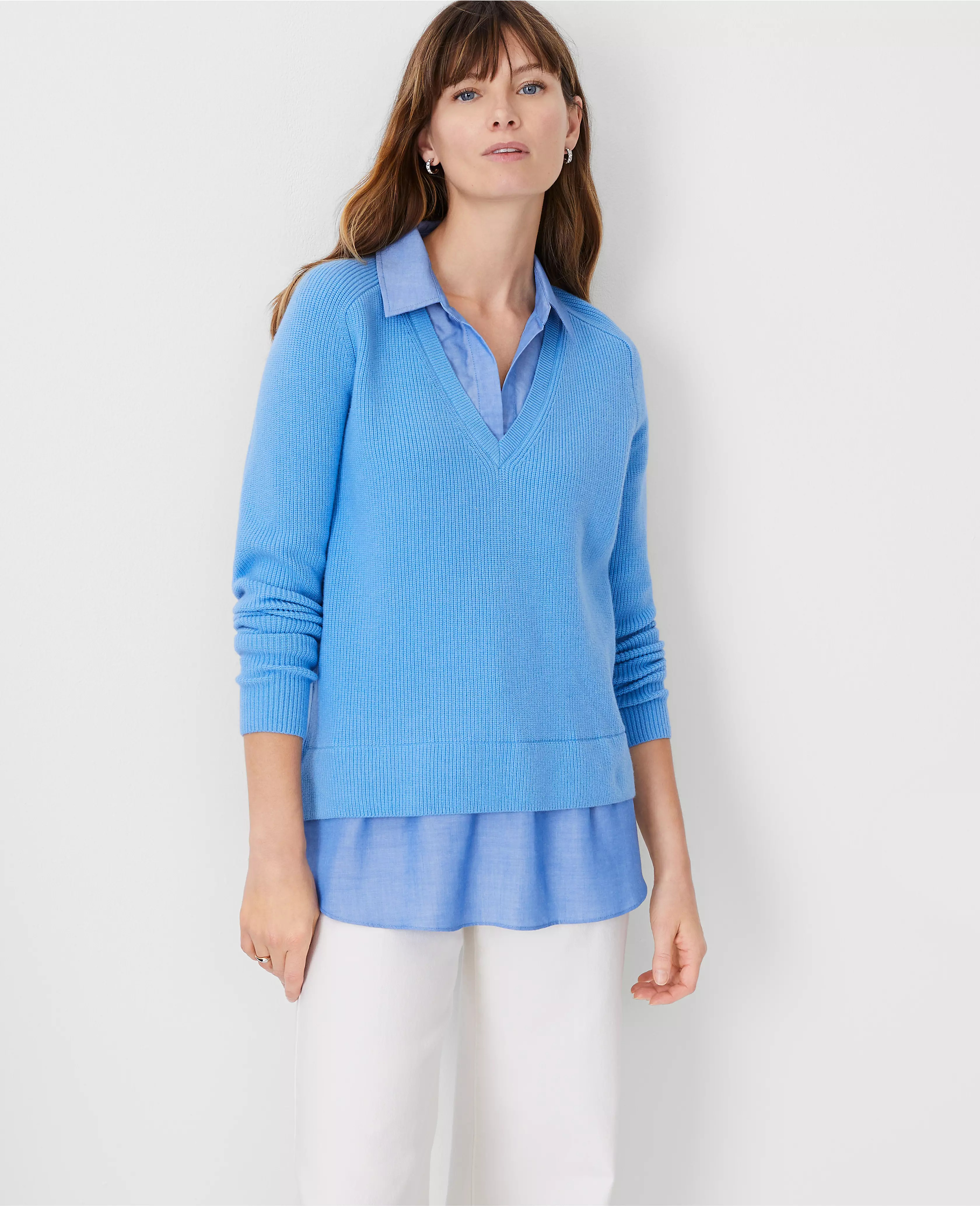 Chambray Layered Mixed Media Sweater | Ann Taylor (US)