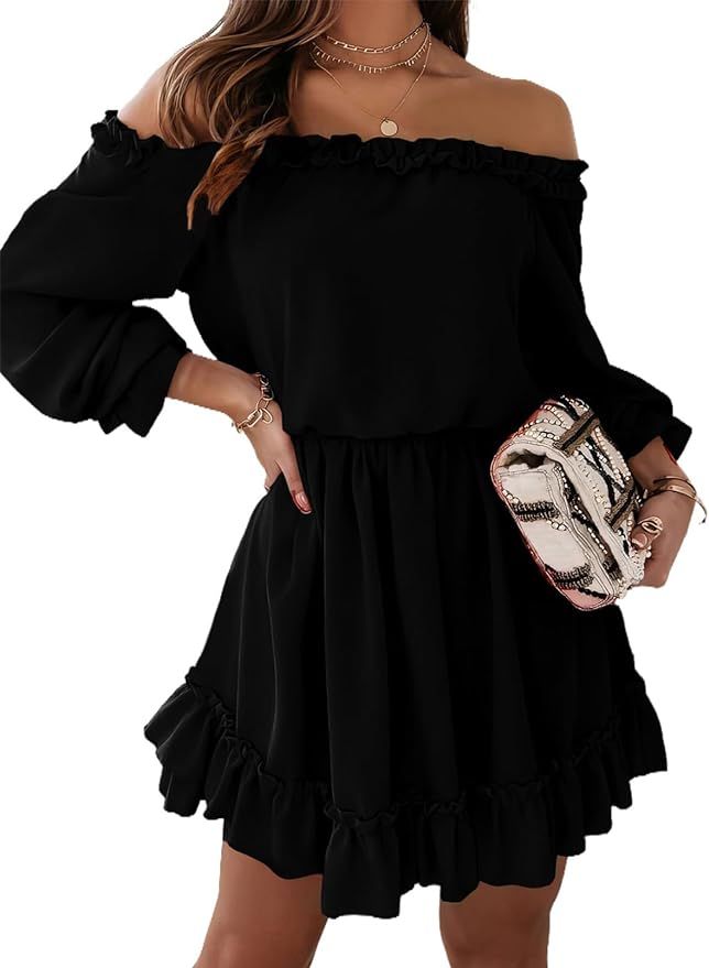 Dokotoo Womens Spring 2024 Ruffle Off Shoulder Dress Long Sleeve Elastic Waist A-Line Casual Swin... | Amazon (US)
