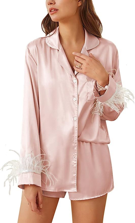 Ekouaer Women's Feather Trim Silk Satin Pajama Set Long Sleeve Lounge Sets Button Down Sleepwear ... | Amazon (US)