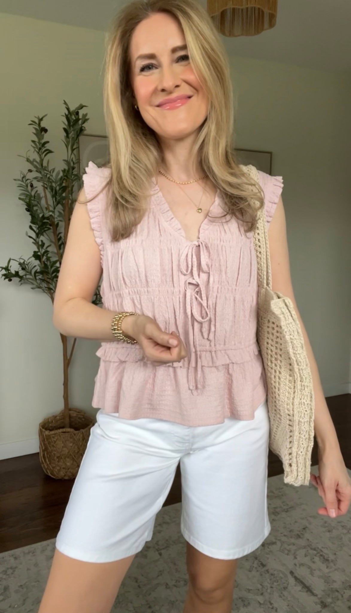 Love these ruched tops at Walmart with tie detail, stretchy and comfy and unique! Fit true to size but you can size up too, I got a large here. Several colors. Lots of ways to style them. #walmartfashion 

#LTKOver40