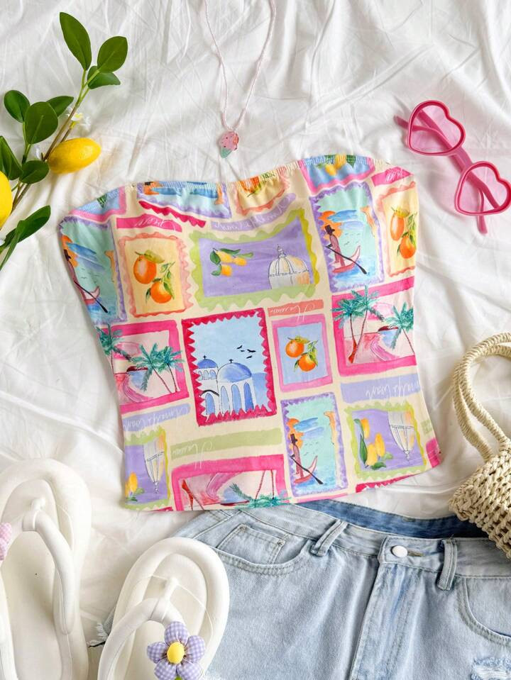 Soleia Women's Vacation Multicolor Marine Life & Beach Print Comfortable Knit Tube Top, Summer Beach Resort Outfit | SHEIN