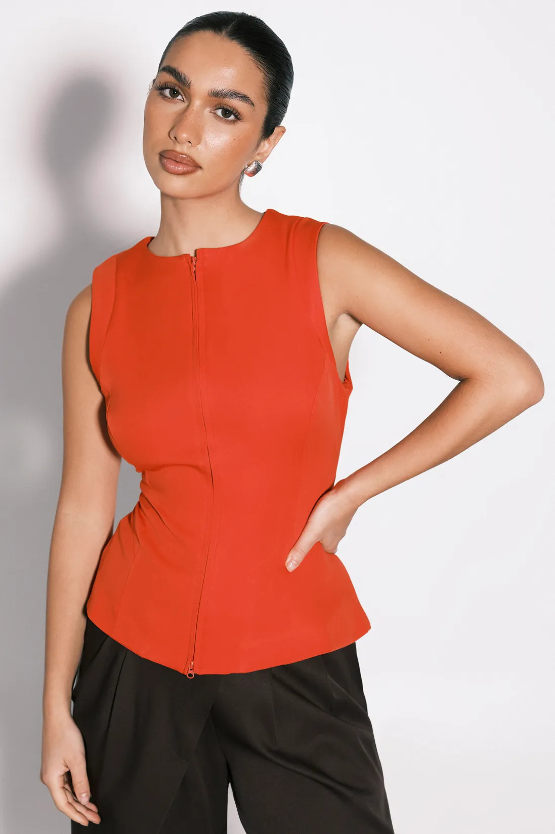 Red Zip Through Tailored Top | Boohoo USA | boohoo (US & Canada)