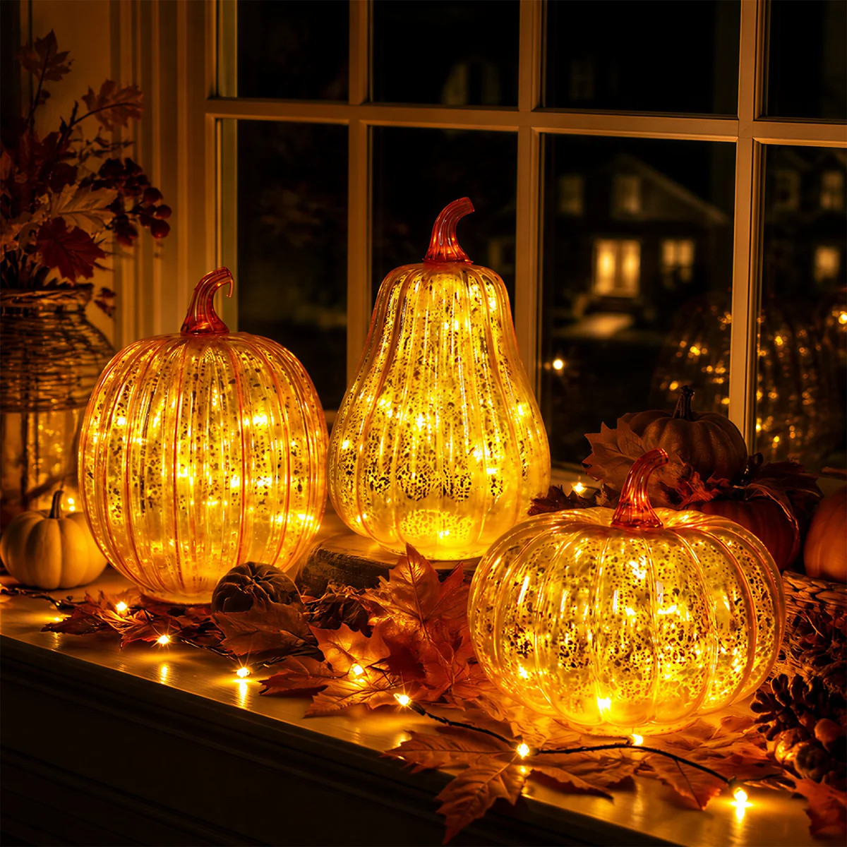 3 Pack Glass Lighted Pumpkin Decor Set, Assorted Shaped Golden Crackle LED Pumpkin Lamps,Ornament... | Wayfair North America