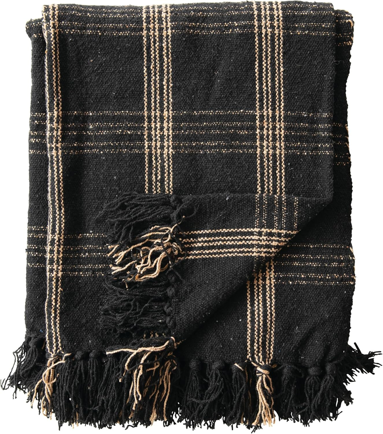 Plaid Black & Tan Fringed Woven Cotton Blend Throw | Amazon (US)