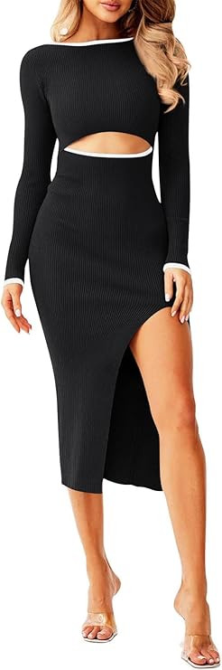 LILLUSORY Women's Cutout Crew Neck Ribbed Bodycon Long Sleeve Sweaters Dresses Midi Dress | Amazon (US)
