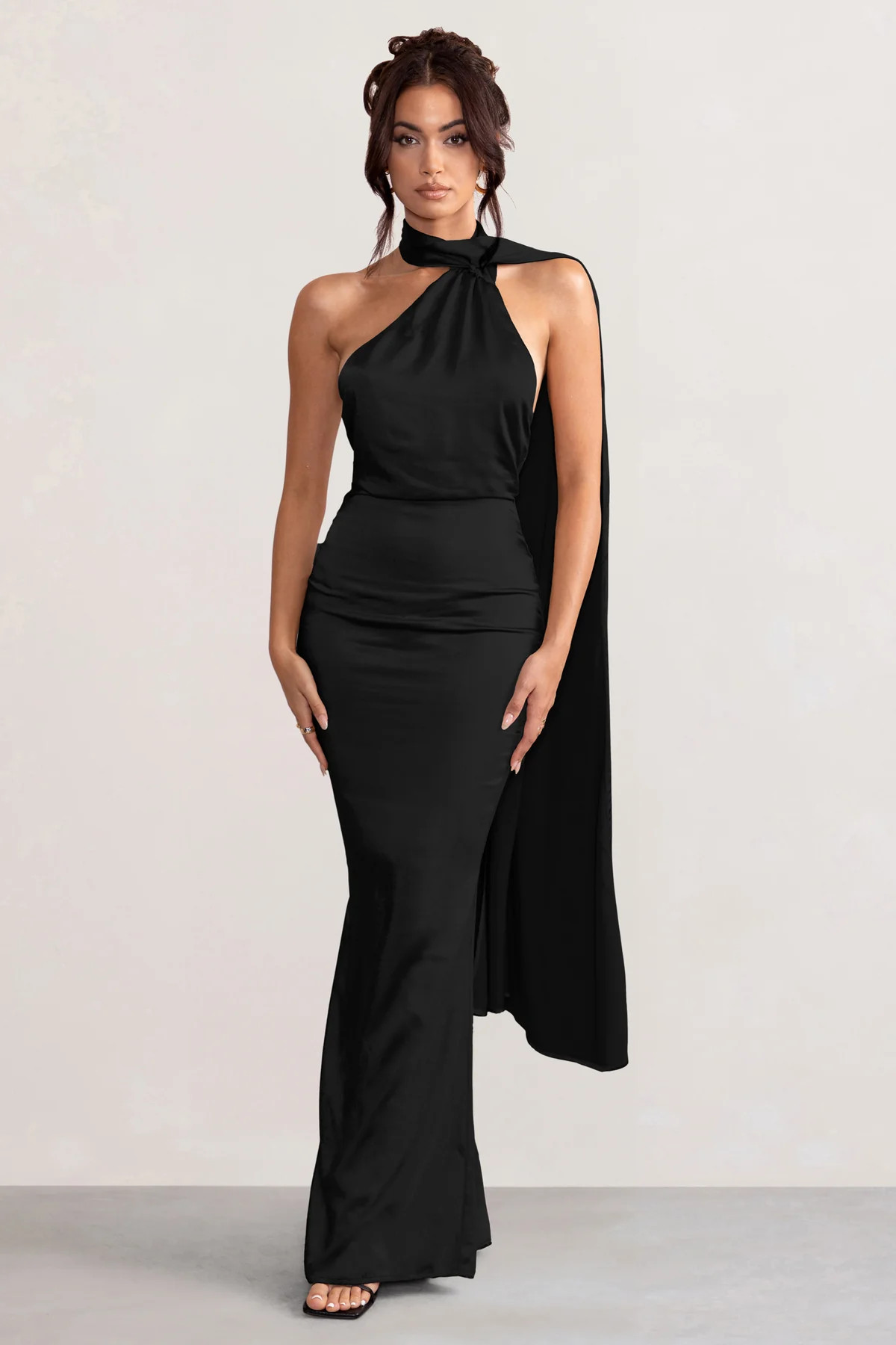 Mademoiselle | Black Satin Asymmetric Scarf Neck Backless Maxi Dress | Club L London