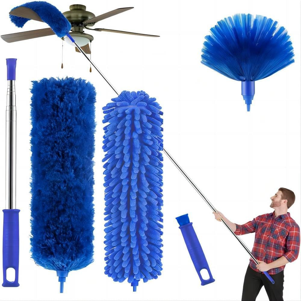 Buysenton Cobweb Duster with Extension Pole, Washable Cleaning Duster Kit with 3 Duster Heads, Cobweb Duster, Corner Brush, 15-100 Inch Long Aluminum Telescoping Pole for Ceiling Fan (Blue) | Amazon (US)