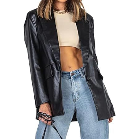 RISISSIDA Women Faux Leather Blazer Jackets/Shacket for Spring and Fall Fashion, Vegan Leather Bu... | Amazon (US)