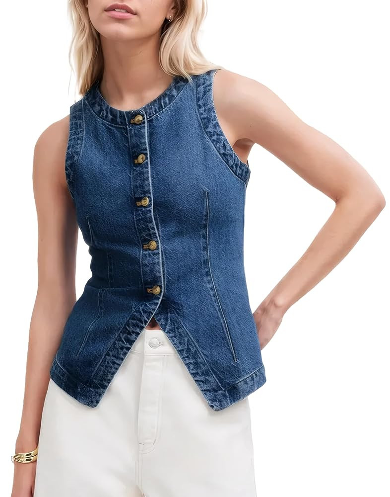 D-Sun Women Denim Vest Sleeveless Crewneck Button Down Jean Waistcoat Casual Front Slit Slim Deni... | Amazon (US)