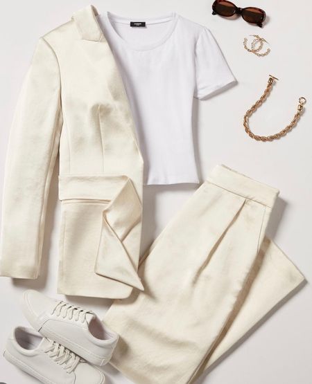 Express is having 40% off their jackets & pants. 
I love this ivory satin blazer & trouser set! 
Pair it with sneakers for a more casual look or pumps for a dressier option. 
& Gold jewelry of course! 

#LTKstyletip #LTKsalealert #LTKworkwear