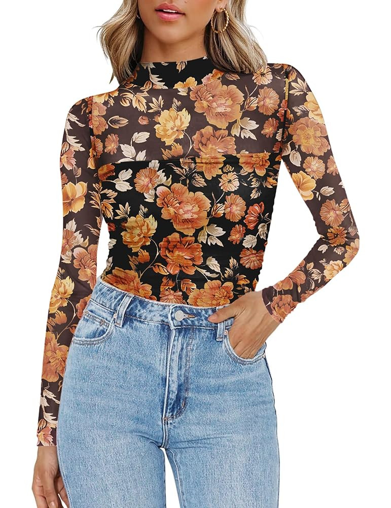 Zeagoo Womens Mesh Sheer Long Sleeve Top Mock Turtle Neck See Though Shirts Ruched Sexy Casual Go... | Amazon (US)