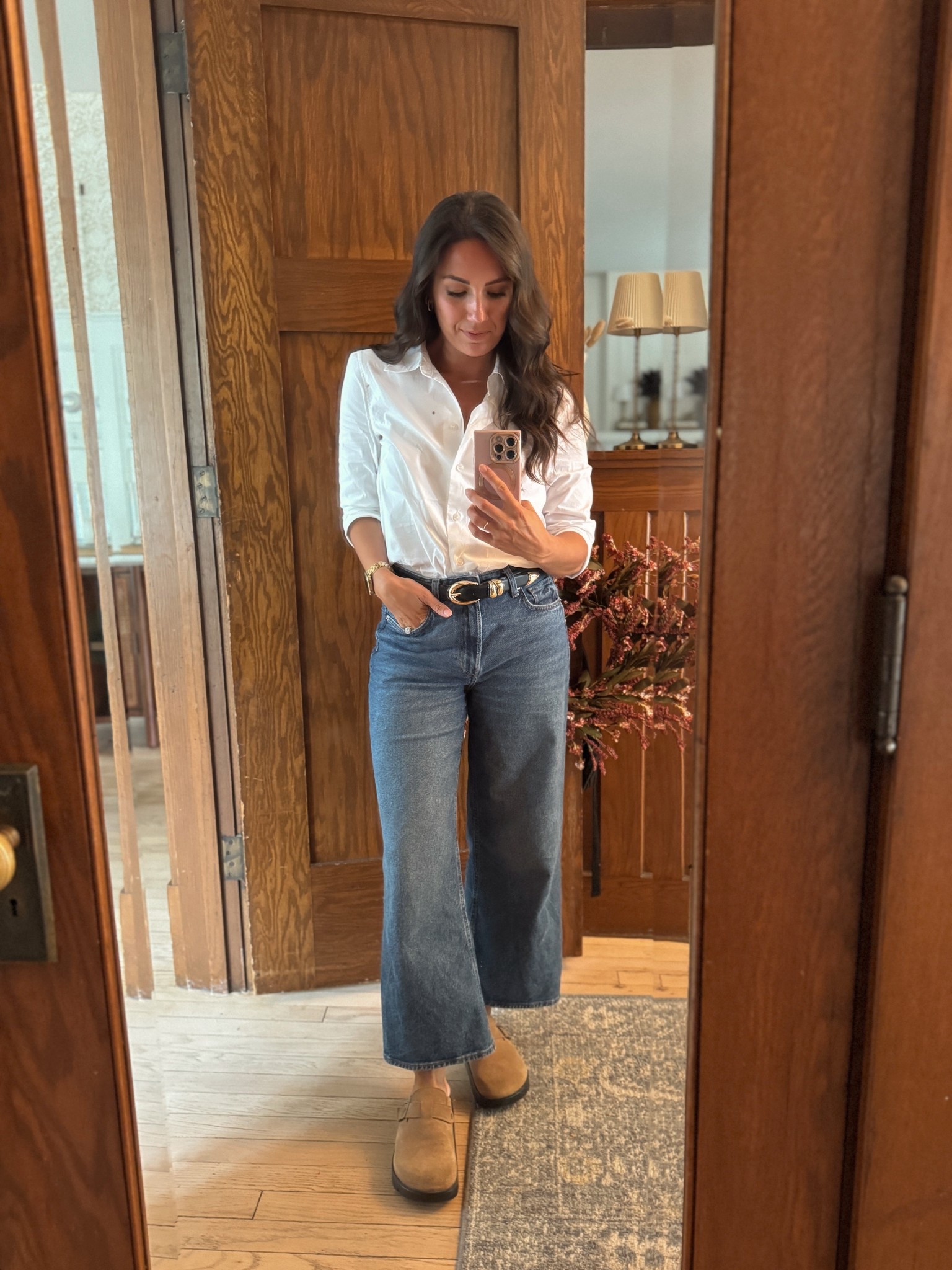 Keeping it classic today ✨ Nothing beats a crisp white button-down tucked into wide-leg denim. I cinched it with a timeless black belt and slipped on my go-to suede clogs for that mix of polished + effortless.

#LTKSeasonal #LTKStyleTip