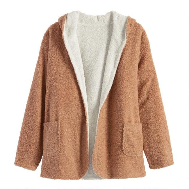 Ivory And Tan Teddy Reversible Lounge Jacket With Pockets | World Market