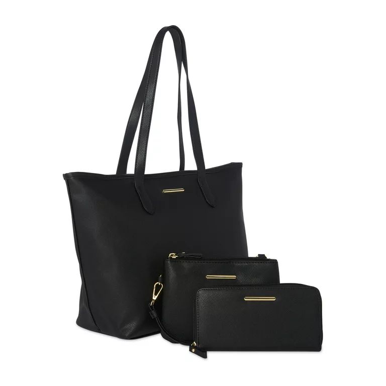 Time and Tru Women's 3-Piece Handbag Set Black Saffiano | Walmart (US)