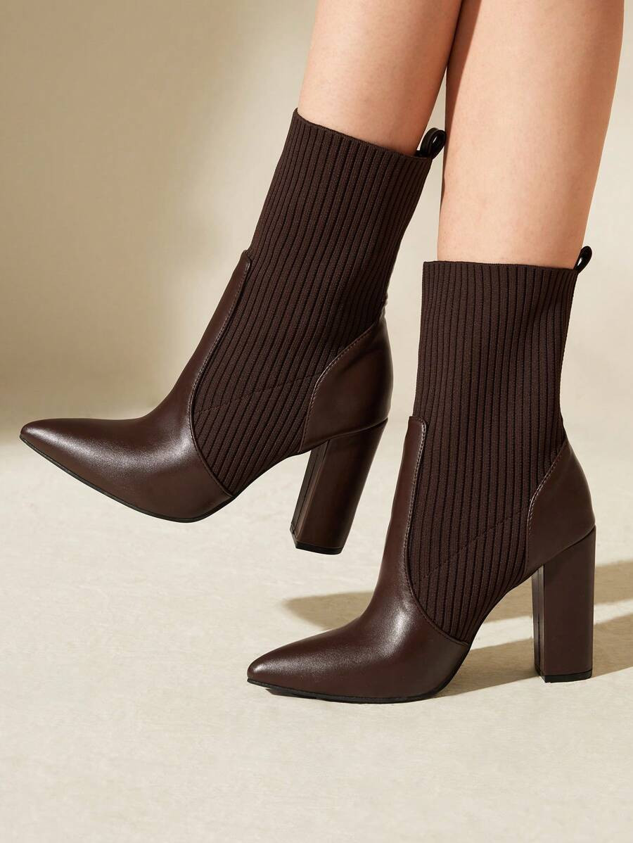 CUCCOO BASICS Women's Fashion Brown Fabric Elastic Pointed Toe Chunky Heel Mid-Calf Boots, Suitable For Commute, Dating, Party, Holiday, Festival For Vibe And Spring Shoes Spring Break Easter For Christmas Spring Shoes Fall Shoes | SHEIN