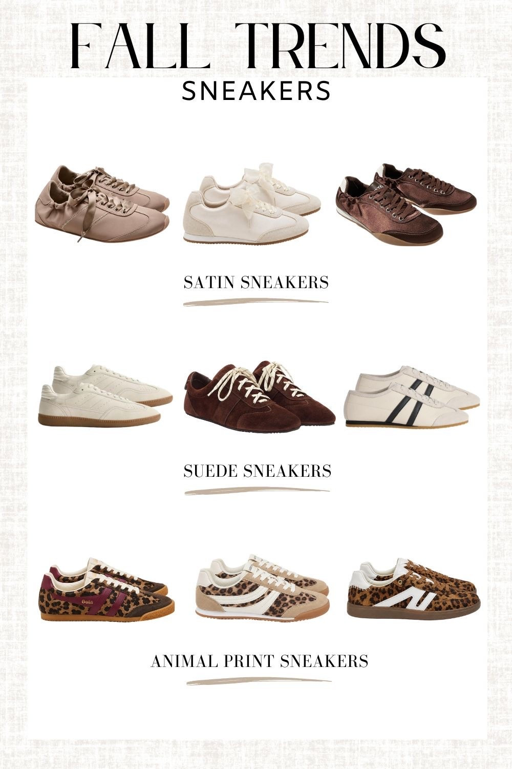 Fall sneaker trends I’m loving 🍂 Satin, suede, and animal print are having a major moment and make even the simplest outfit feel more current.

fall sneaker trends, women’s sneakers, satin sneakers, suede sneakers, leopard sneakers, fall fashion, trendy shoes, casual fall outfits, fall style

#LTKSeasonal #LTKActive #LTKmomlife