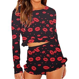 Womens Printed Ruffle Short Pajamas Set Long Sleeve Tops and Shorts PJ Set Loungewear Nightwear S... | Amazon (US)