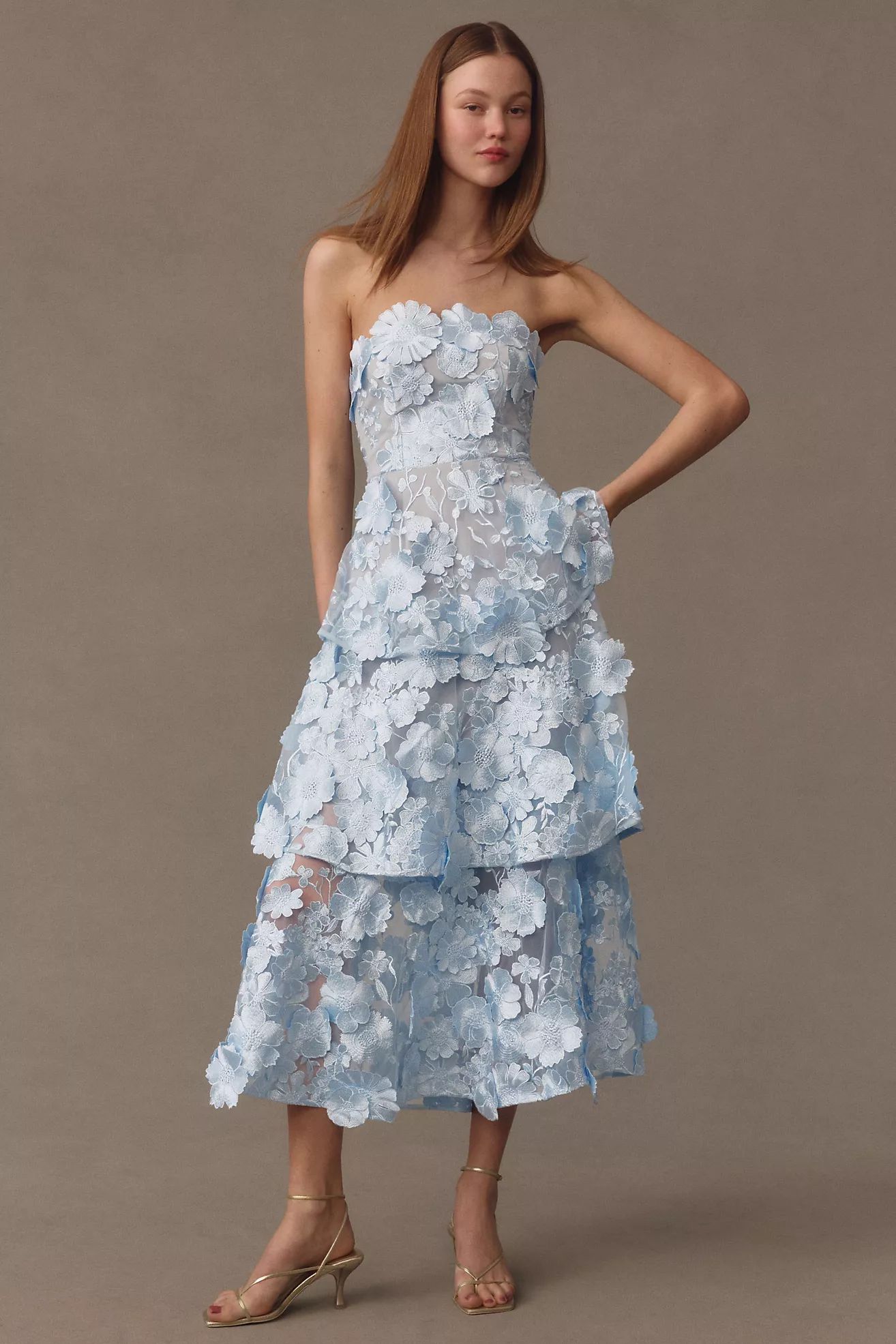Elliatt Selene Strapless 3D Floral Lace Tiered Maxi Dress | Anthropologie (US)