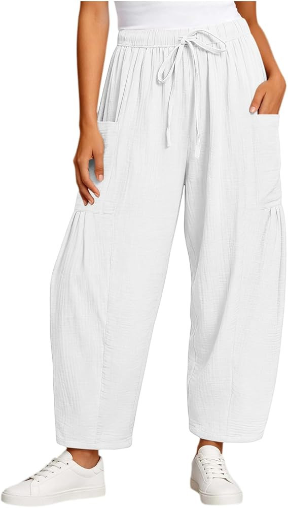 Women's Cotton Textured Pants High Waist Drawstring Wide Leg | Amazon (US)