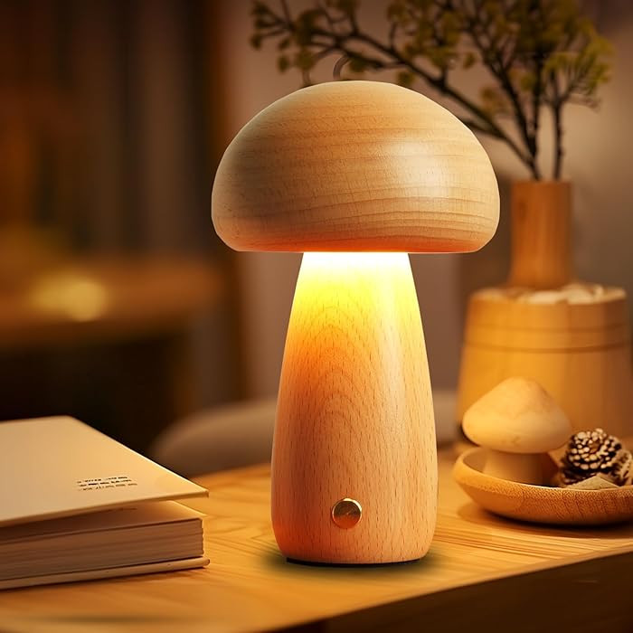 Wooden Mushroom Lamp for Bedroom, Portable Cordless Small Rechargeable Battery Operated Lamp,Step... | Amazon (US)