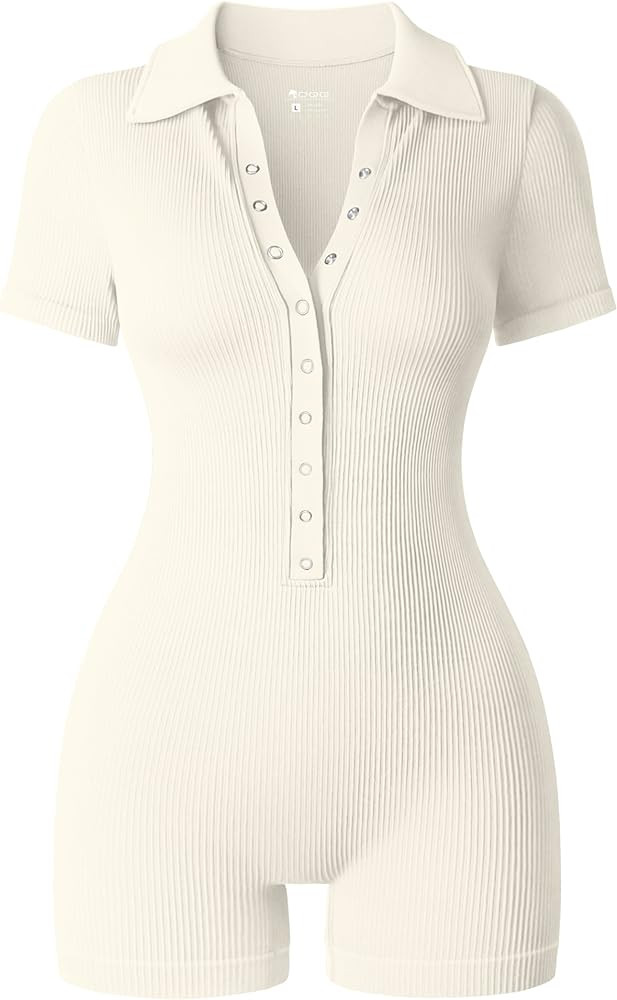 OQQ Women Yoga Rompers Ribbed V Neck Stretch Tummy Control Exercise Rompers | Amazon (US)